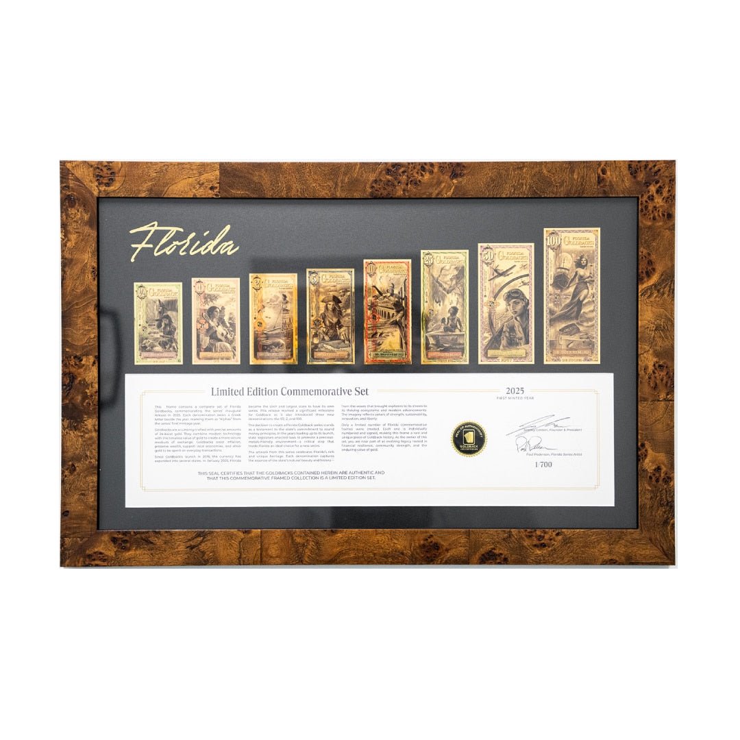 2025 Florida Goldback Commemorative Frame , Alpha Series, complete framed note collection and commemorative certificate, front view