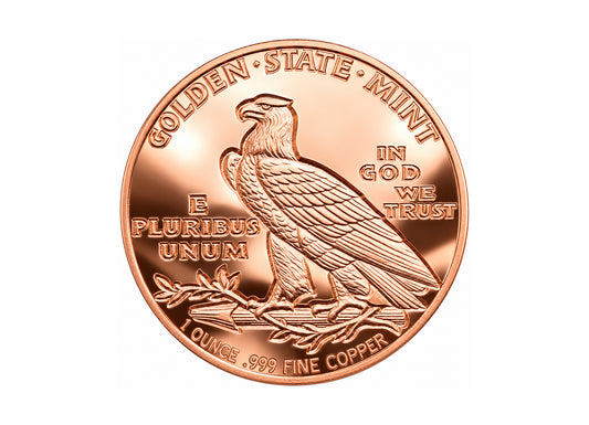 Incuse Indian 1 oz Copper Round back reverse design, polished copper finish on a white background — Altrukom Bullion.