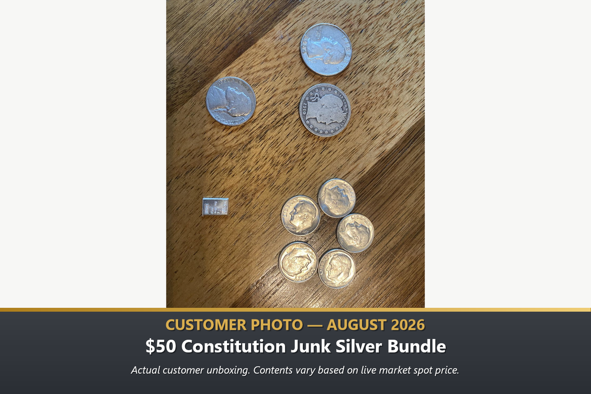 eal customer unboxing of the $50 Constitutional Junk Silver Bullion Bundle™ by Altrukom Bullion featuring assorted U.S. constitutional silver, August 2026.