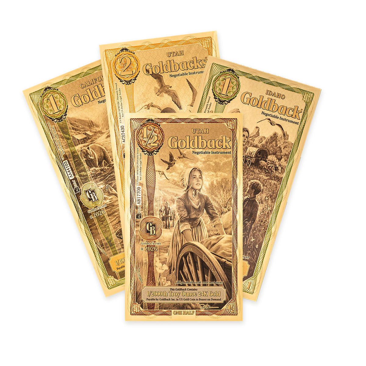 California, Utah and Idaho Goldback notes arranged in a crisp fan on white — Goldbacks at Altrukom Bullion.