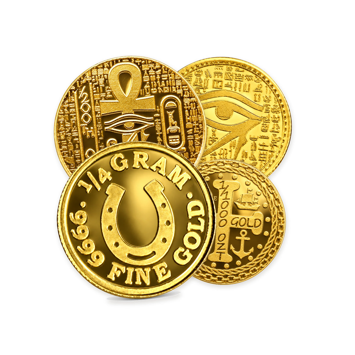 Layered Monarch Precious Metals fractional gold rounds: Lucky Horseshoe, Eye of Ra, King Tut and Pirate designs — Altrukom Bullion.