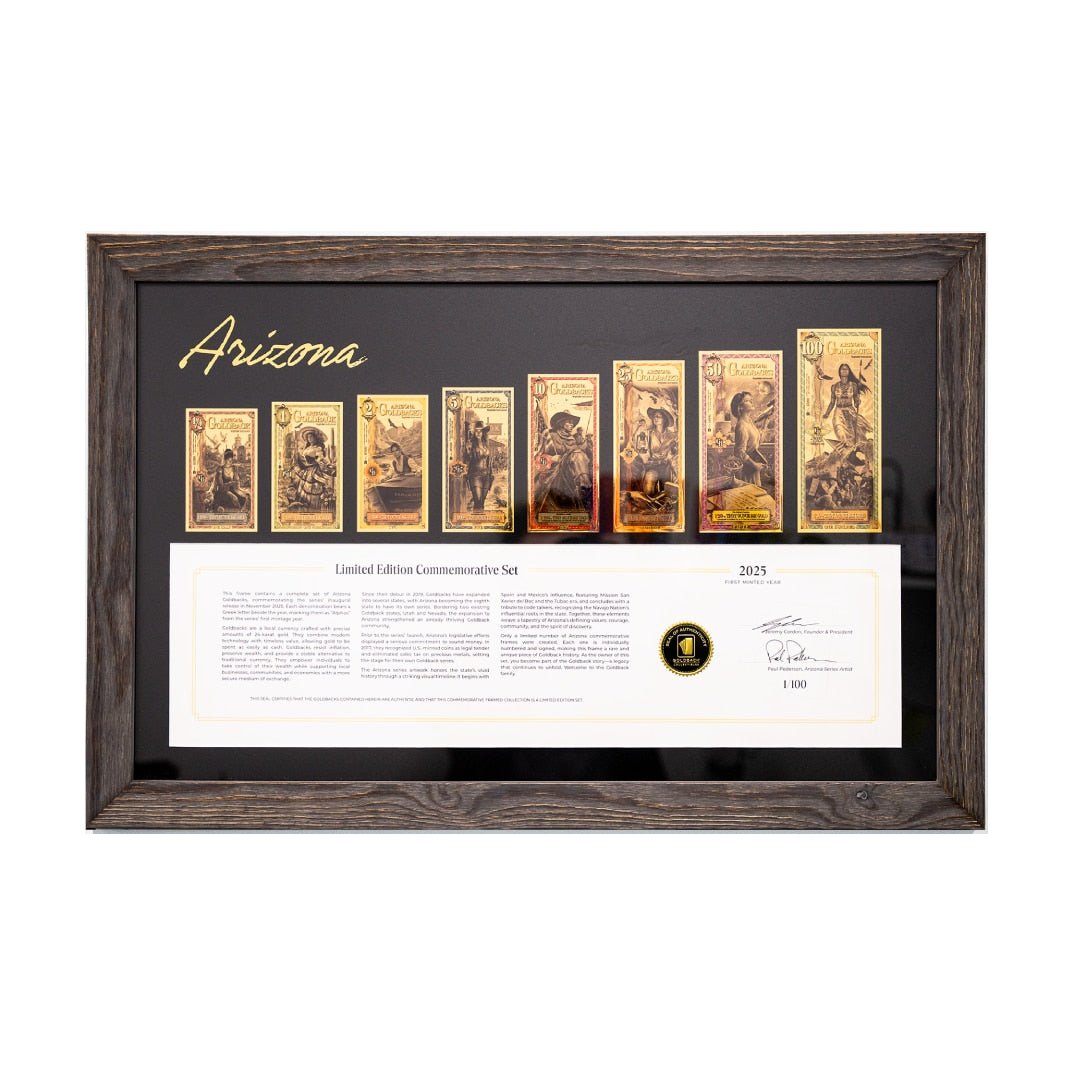 2025 Arizona Goldback Commemorative Frame , Alpha Series, complete framed note collection and commemorative certificate, front view