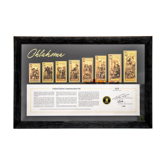 2025 Oklahoma Goldback Commemorative Frame , Alpha Series, complete framed note collection and commemorative certificate, front view