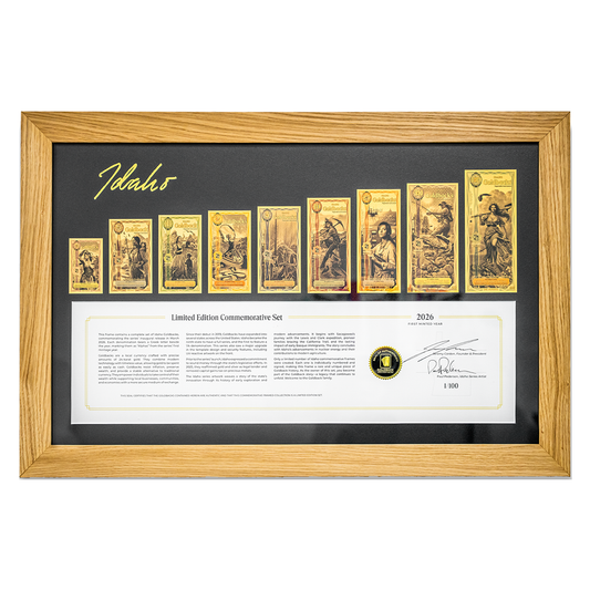 2026 Idaho Goldback Commemorative Frame , Alpha Series, complete framed note collection and commemorative certificate, front view