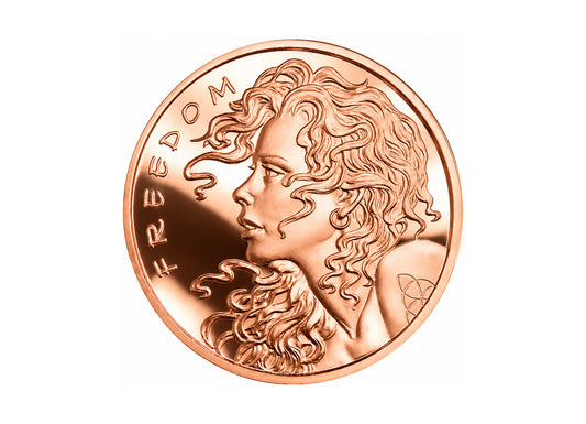 2026 Freedom Girl 1 oz Copper Round front obverse design, polished copper finish on a white background — Altrukom Bullion.