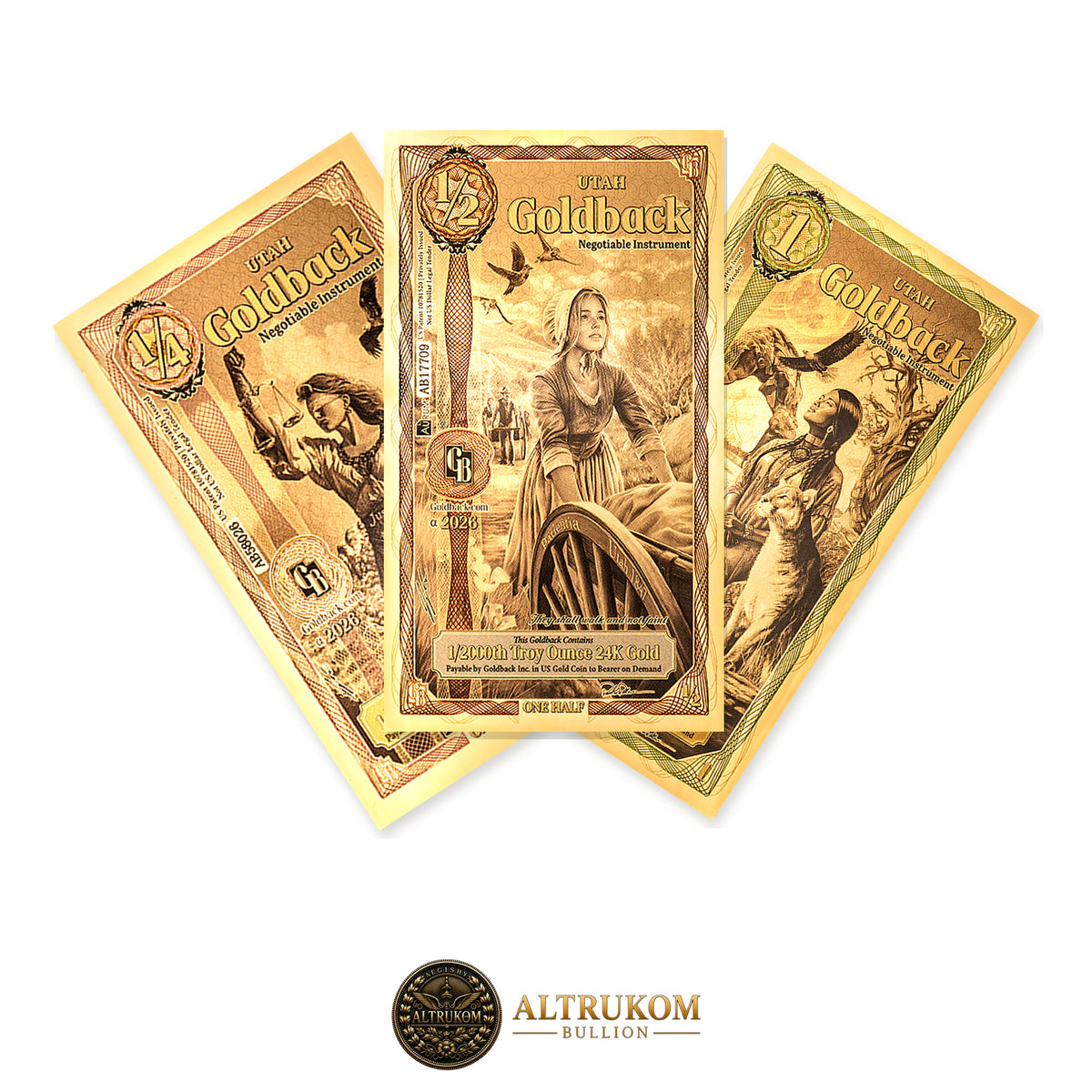 Utah Alpha Goldback starter set — one quarter, one half and one 1 Goldback note