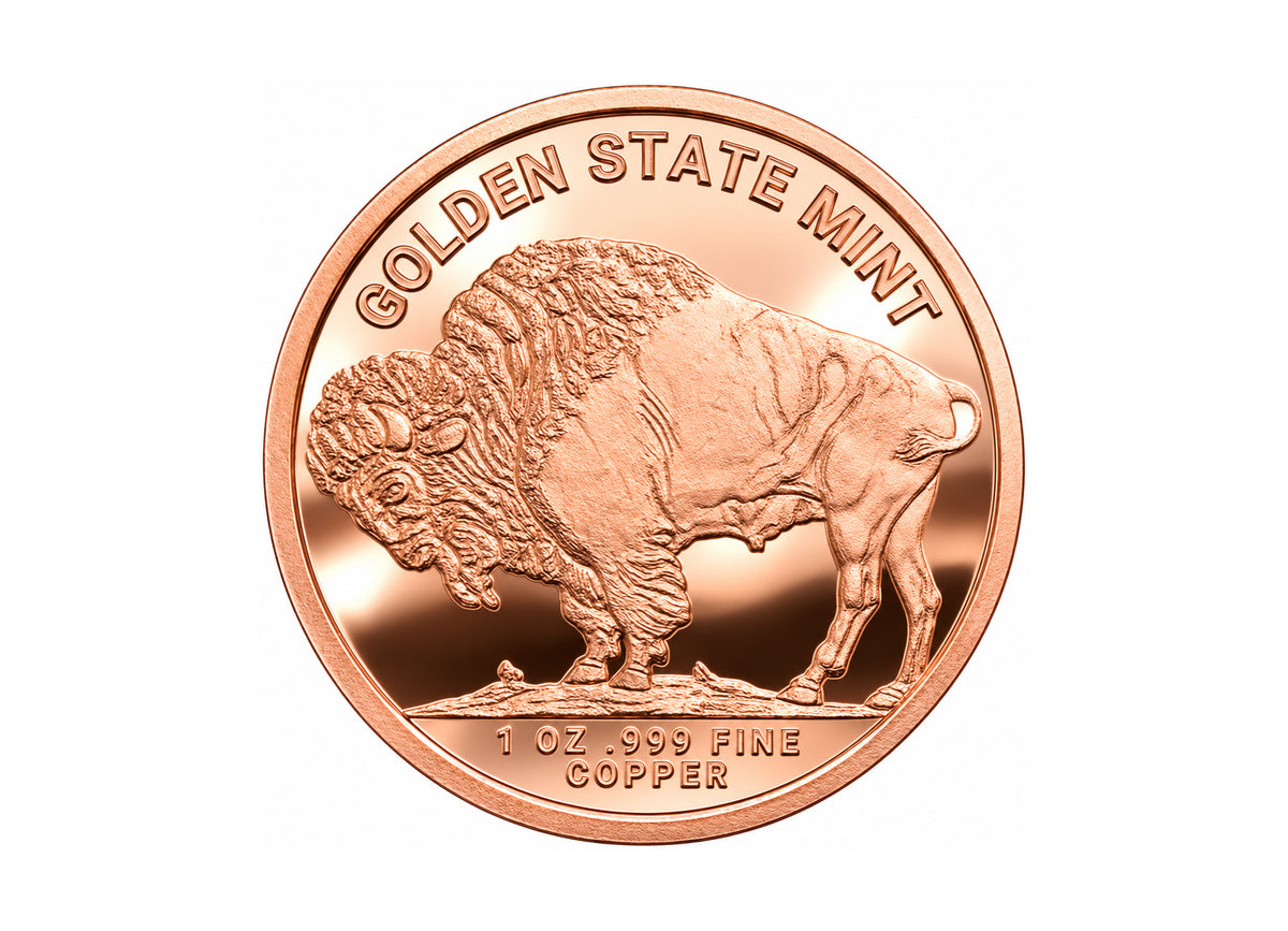 Buffalo 1 oz Copper Round back reverse design, polished copper finish on a white background — Altrukom Bullion.