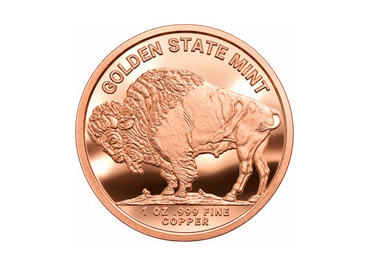 Buffalo 1 oz Copper Round back reverse design, polished copper finish on a white background — Altrukom Bullion.