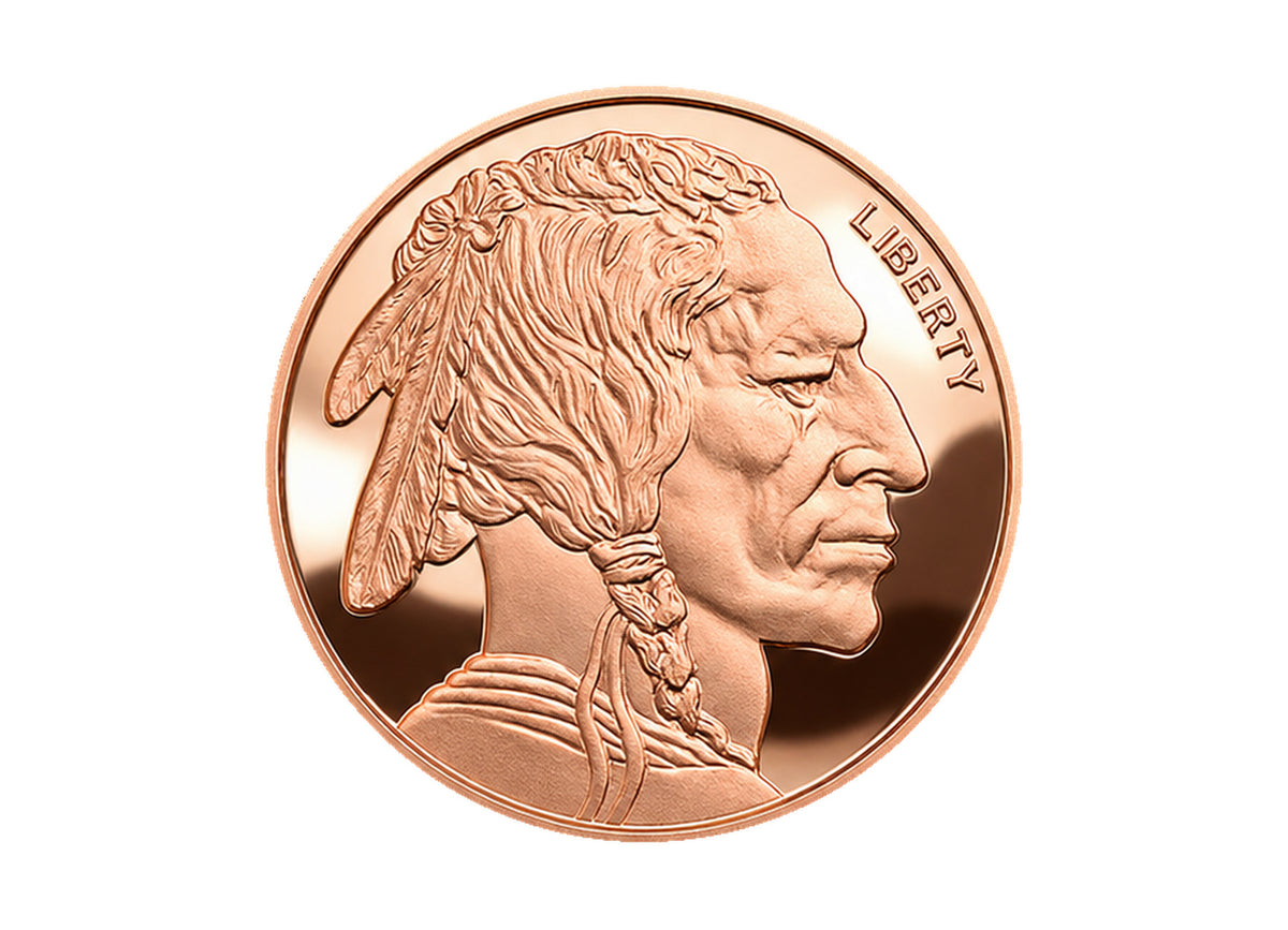 Buffalo 1 oz Copper Round front obverse design, polished copper finish on a white background — Altrukom Bullion.