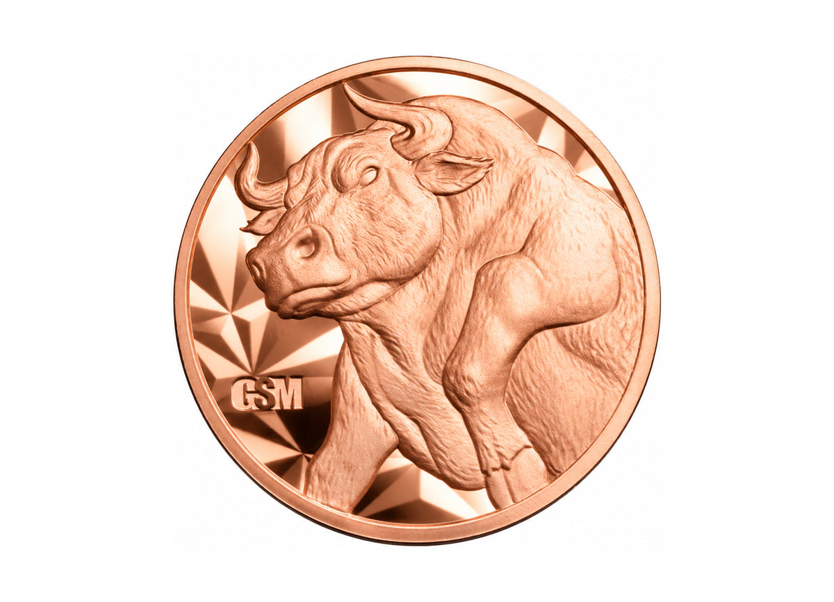Bull & Bear 1 oz Copper Round front obverse design, polished copper finish on a white background — Altrukom Bullion.