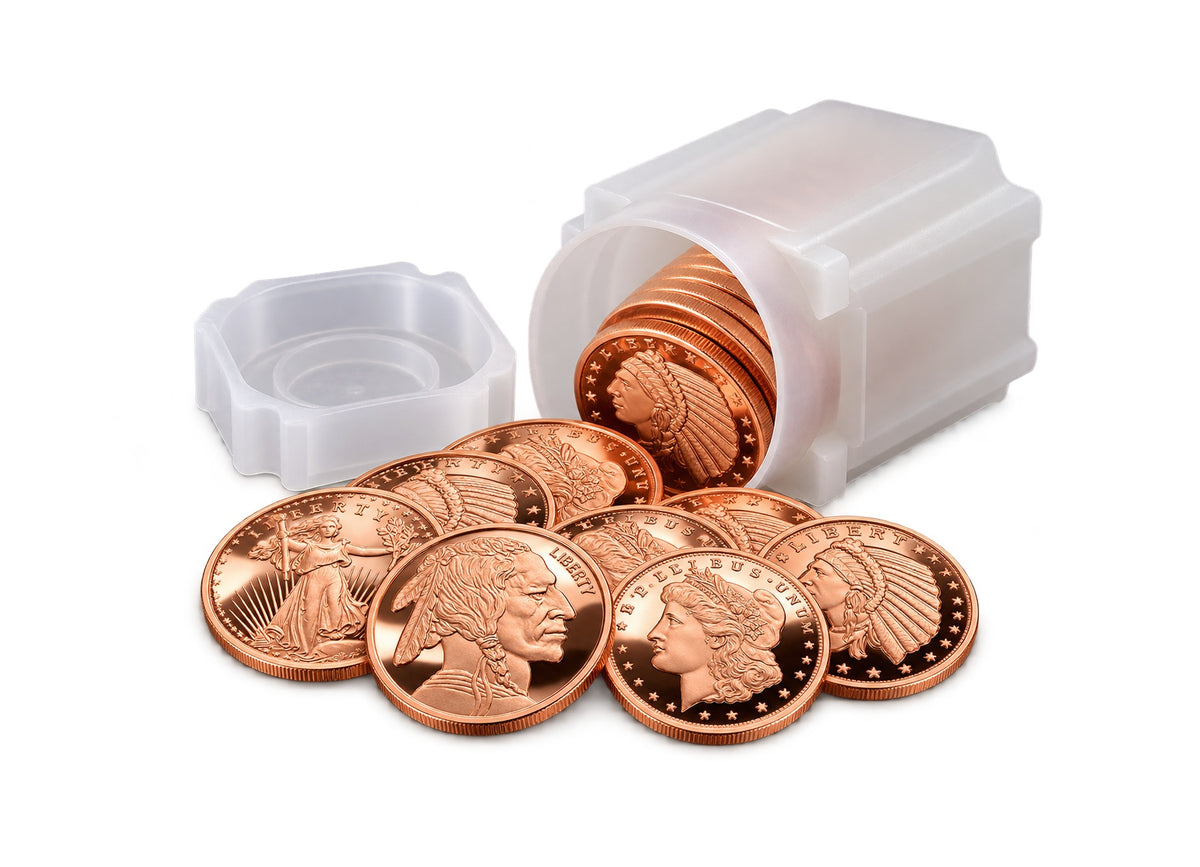 Illustration of the $100 Copper Bullion Bundle™ by Altrukom Bullion: 20 one-ounce copper rounds with 1 square frosted 20-round storage tube. Example designs and arrangement; actual contents vary.