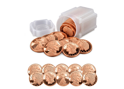 Illustration of the $150 Copper Bullion Bundle™ by Altrukom Bullion: 30 one-ounce copper rounds with 1 square frosted 20-round storage tube. Example designs and arrangement; actual contents vary.