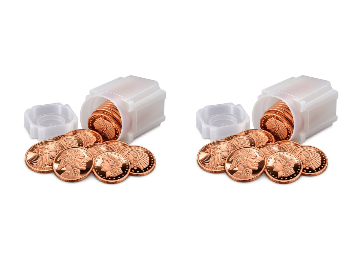Illustration of the $200 Copper Bullion Bundle™ by Altrukom Bullion: 40 one-ounce copper rounds with 2 square frosted 20-round storage tubes. Example designs and arrangement; actual contents vary.
