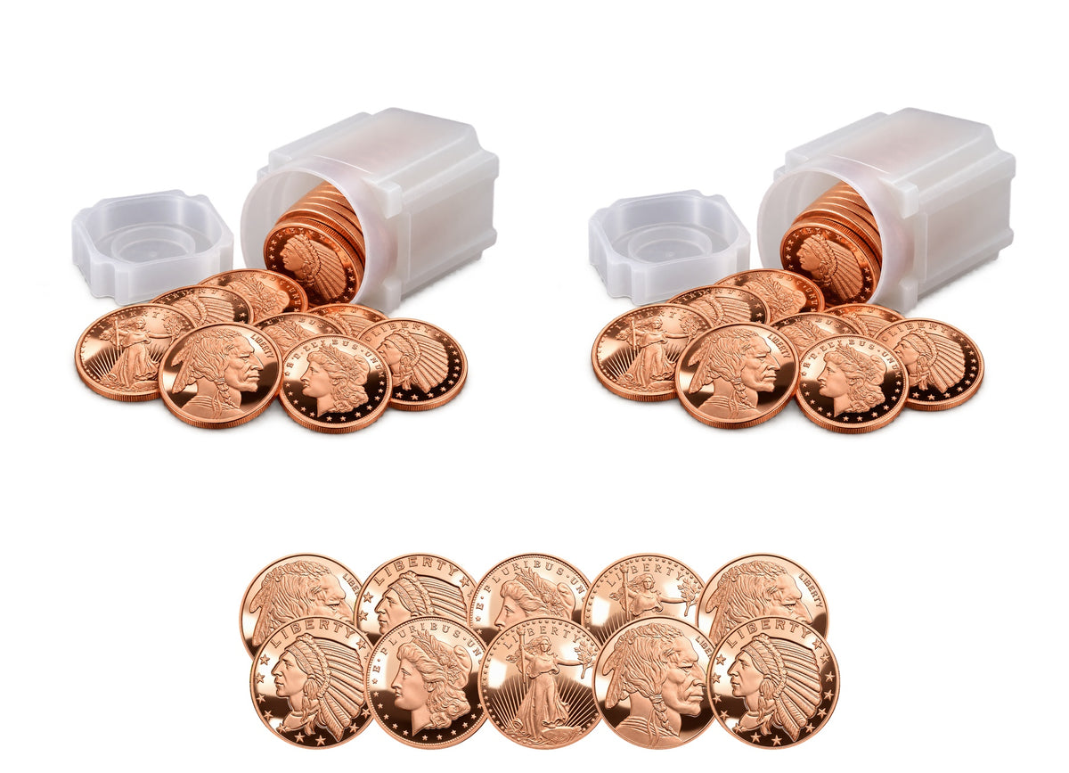 Illustration of the $250 Copper Bullion Bundle™ by Altrukom Bullion: 50 one-ounce copper rounds with 2 square frosted 20-round storage tubes. Example designs and arrangement; actual contents vary.