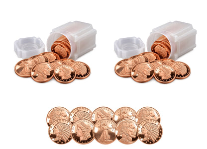 Illustration of the $250 Copper Bullion Bundle™ by Altrukom Bullion: 50 one-ounce copper rounds with 2 square frosted 20-round storage tubes. Example designs and arrangement; actual contents vary.
