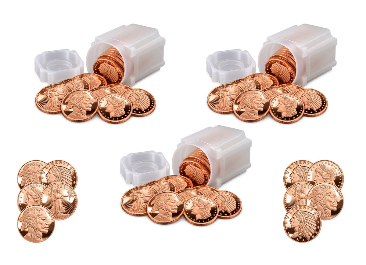 Illustration of the $350 Copper Bullion Bundle™ by Altrukom Bullion: 70 one-ounce copper rounds with 3 square frosted 20-round storage tubes. Example designs and arrangement; actual contents vary.