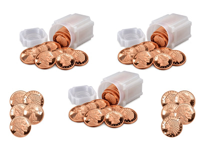 Illustration of the $350 Copper Bullion Bundle™ by Altrukom Bullion: 70 one-ounce copper rounds with 3 square frosted 20-round storage tubes. Example designs and arrangement; actual contents vary.