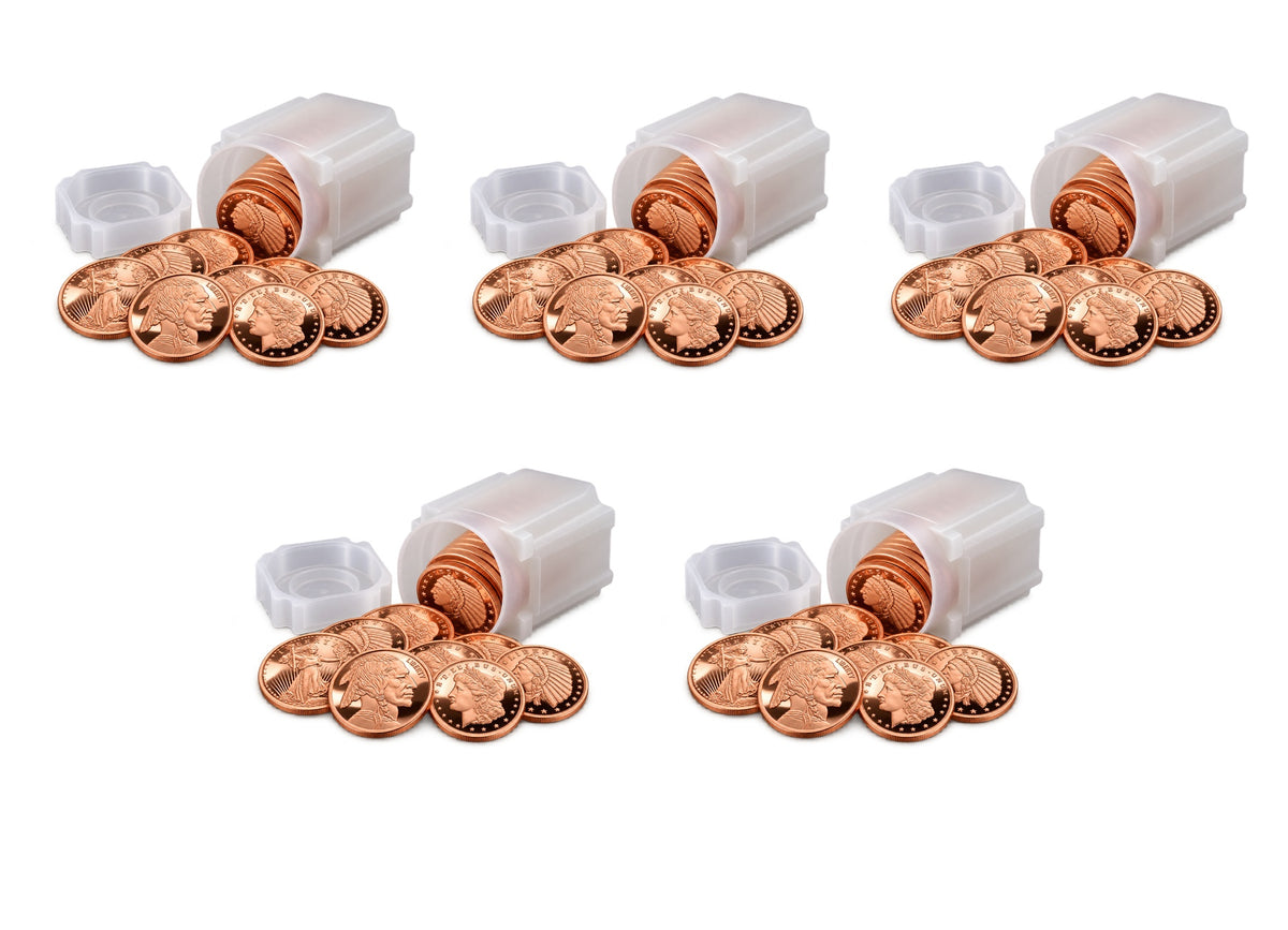 Illustration of the $500 Copper Bullion Bundle™ by Altrukom Bullion: 100 one-ounce copper rounds with 5 square frosted 20-round storage tubes. Example designs and arrangement; actual contents vary.