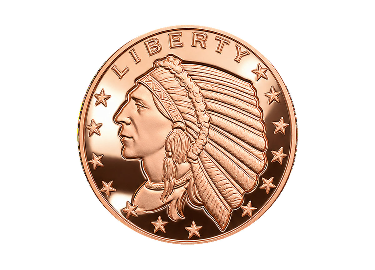 Incuse Indian 1 oz Copper Round front obverse design, polished copper finish on a white background — Altrukom Bullion.