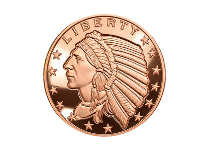 Incuse Indian 1 oz Copper Round front obverse design, polished copper finish on a white background — Altrukom Bullion.