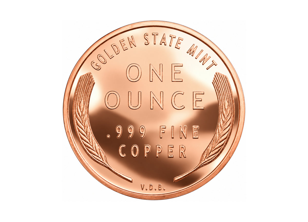 Lincoln Wheat Cent 1 oz Copper Round back reverse design, polished copper finish on a white background — Altrukom Bullion.