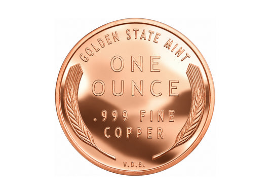 Lincoln Wheat Cent 1 oz Copper Round back reverse design, polished copper finish on a white background — Altrukom Bullion.