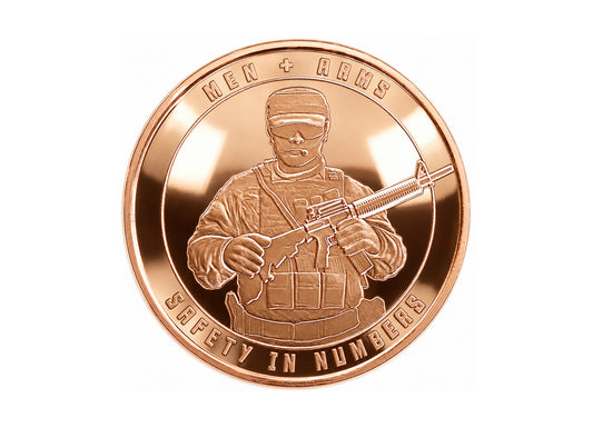 Men + Arms – Safety in Numbers 1 oz Copper Round, front design — Altrukom Bullion