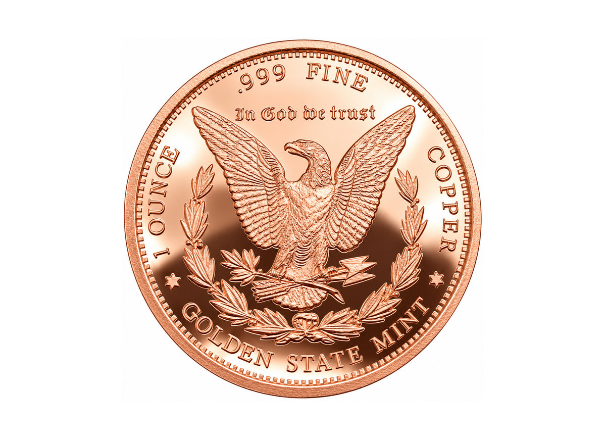 Morgan 1 oz Copper Round back reverse design, polished copper finish on a white background — Altrukom Bullion.