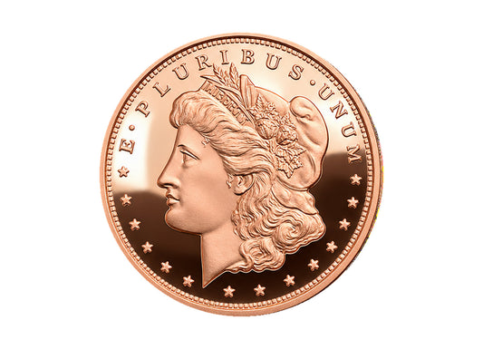 Morgan 1 oz Copper Round front obverse design, polished copper finish on a white background — Altrukom Bullion.
