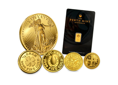 1000-dollar Gold Bullion Bundle™ by Altrukom: one tenth-ounce Gold Eagle, one 1 gram Perth Mint bar in assay, and Monarch half-gram, quarter-gram, 1/500-ounce and 1/1000-ounce rounds, totaling about 4.954 grams. Example assortment; selection varies and images are enlarged.