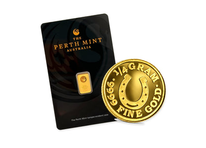 250-dollar Gold Bullion Bundle™ by Altrukom: one 1 gram Perth Mint gold bar in its assay card and one quarter-gram Monarch round, totaling 1.25 grams. Example assortment; selection varies and images are enlarged.