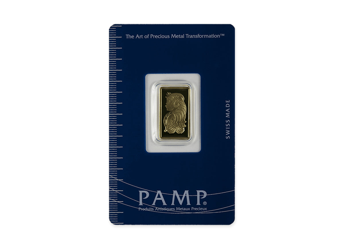 $500 Gold Bullion Bundle™ by Altrukom: one 2.5 gram PAMP Suisse Fortuna gold bar photographed in its clear plastic assay holder. Example assortment; selection varies.