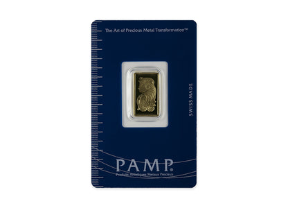 $500 Gold Bullion Bundle™ by Altrukom: one 2.5 gram PAMP Suisse Fortuna gold bar photographed in its clear plastic assay holder. Example assortment; selection varies.