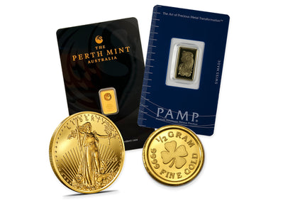 Gold Bullion Bundle™ by Altrukom: PAMP Fortuna and Perth Mint gold bars in sealed assay packaging with fractional gold coins. Illustrative assortment; designs and quantities vary.