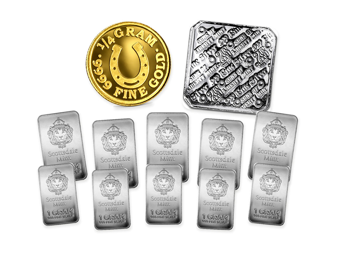 Gold & Silver Bullion Bundle™ by Altrukom: illustrative 100-dollar bundle mix. Product designs and quantities vary; images enlarged for detail.