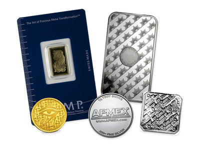 $1000 Gold & Silver Bullion Bundle™ by Altrukom: illustrative assortment of silver bullion and a 2.5 gram PAMP Fortuna gold bar in sealed assay packaging. Selection varies.