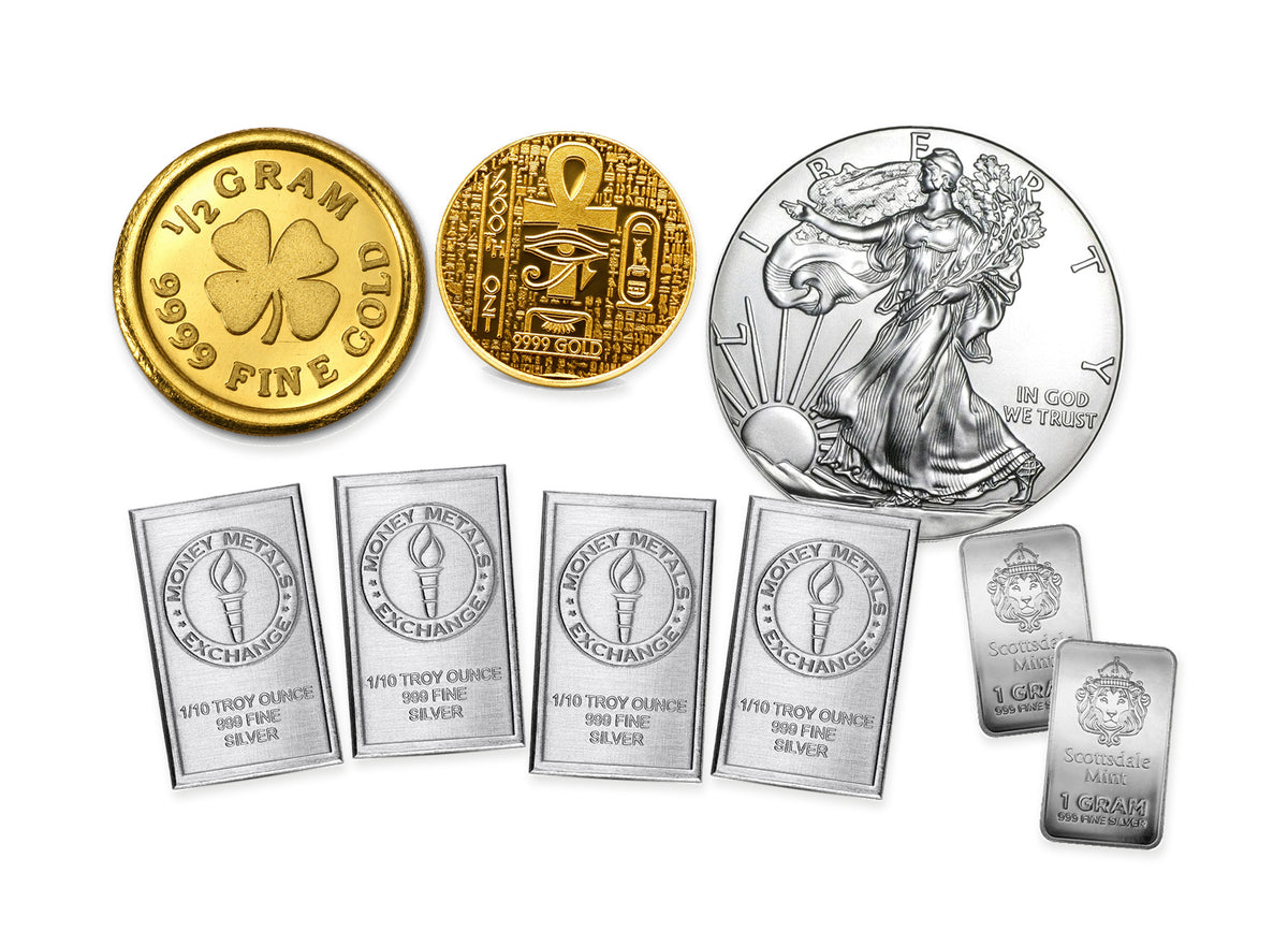 Gold & Silver Bullion Bundle™ by Altrukom: illustrative 250-dollar bundle mix. Product designs and quantities vary; images enlarged for detail.