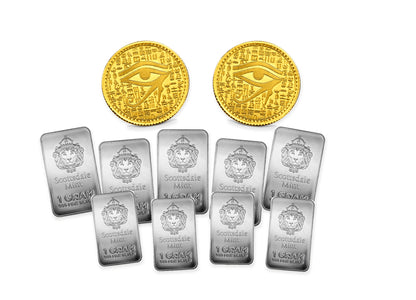 Gold & Silver Bullion Bundle™ by Altrukom: illustrative 50-dollar bundle mix. Product designs and quantities vary; images enlarged for detail.