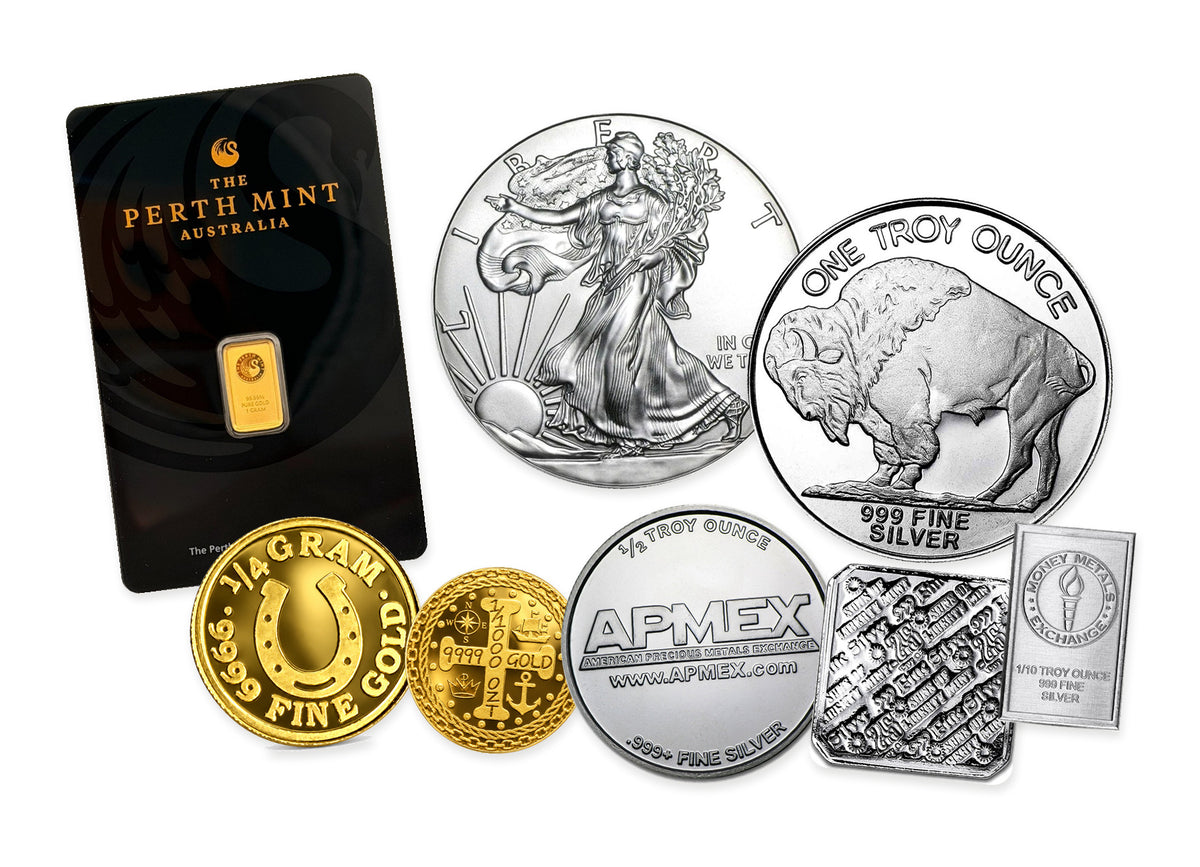 Gold & Silver Bullion Bundle™ by Altrukom: illustrative 500-dollar bundle mix. Product designs and quantities vary; images enlarged for detail.