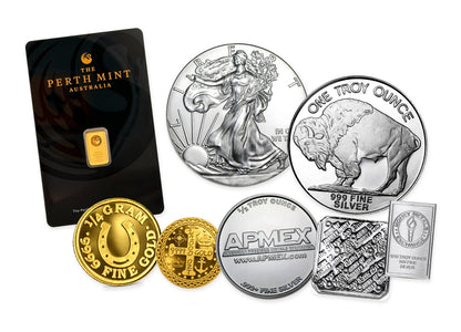 Gold & Silver Bullion Bundle™ by Altrukom: illustrative 500-dollar bundle mix. Product designs and quantities vary; images enlarged for detail.