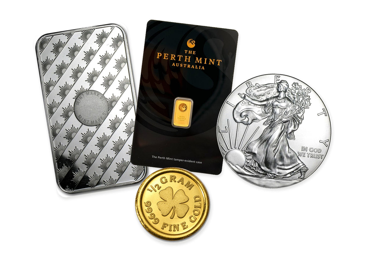 Gold and Silver Bullion Bundle™ by Altrukom, showing genuine bullion designs with original gold-bar assay packaging. Illustrative assortment; selection varies.