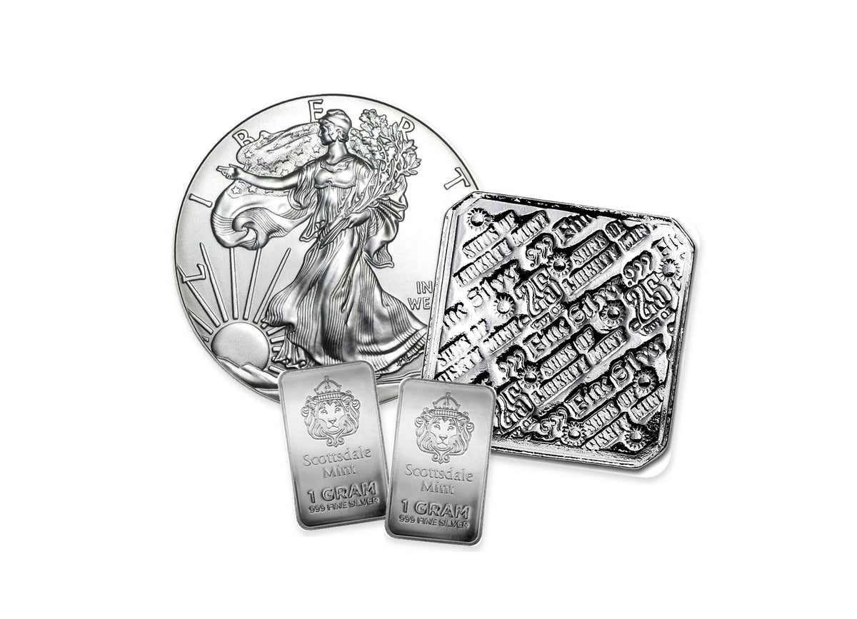 Example 100-dollar silver Bullion Bundle™ by Altrukom, composed from real bullion photographs. Designs and quantities vary with pricing and availability; images enlarged for detail.