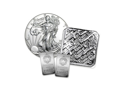 Example 100-dollar silver Bullion Bundle™ by Altrukom, composed from real bullion photographs. Designs and quantities vary with pricing and availability; images enlarged for detail.
