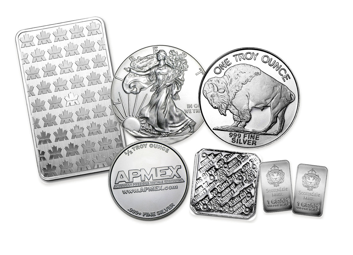 Example 1000-dollar silver Bullion Bundle™ by Altrukom, composed from real bullion photographs. Designs and quantities vary with pricing and availability; images enlarged for detail.