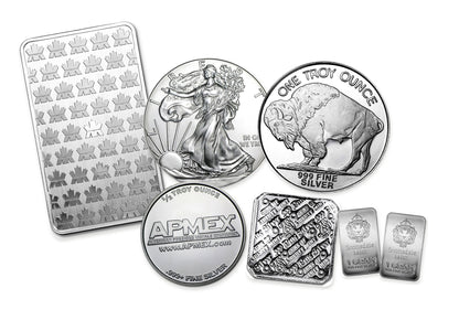 Example 1000-dollar silver Bullion Bundle™ by Altrukom, composed from real bullion photographs. Designs and quantities vary with pricing and availability; images enlarged for detail.