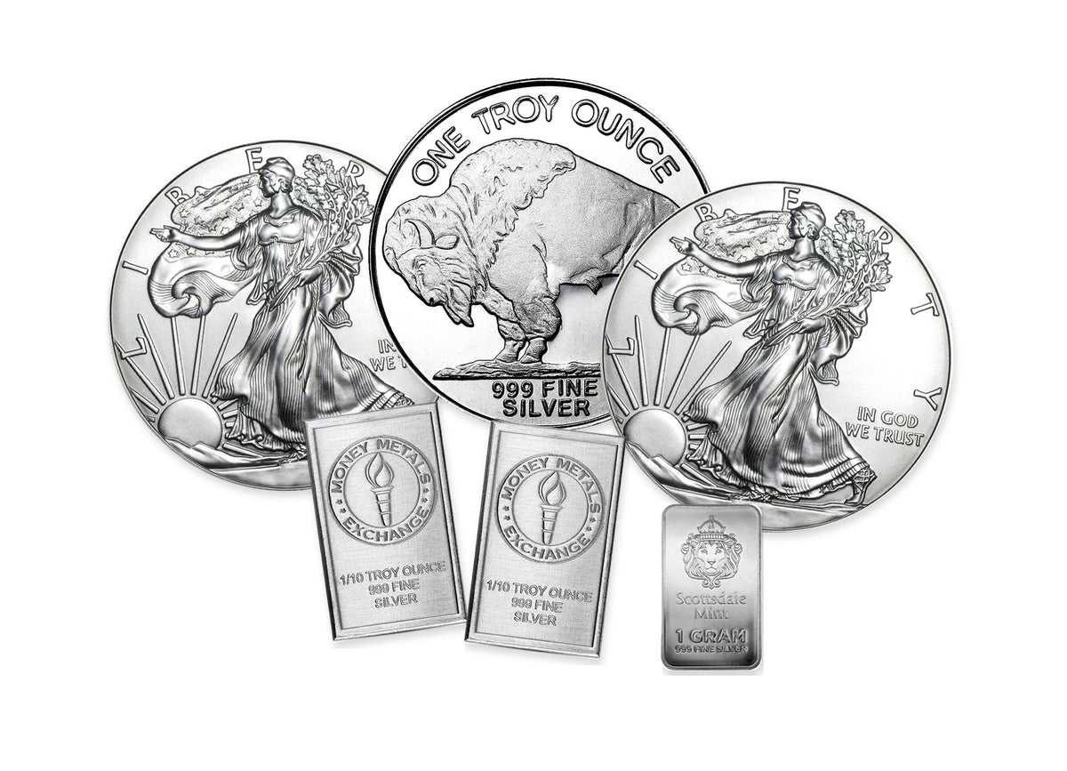 Example 250-dollar silver Bullion Bundle™ by Altrukom, composed from real bullion photographs. Designs and quantities vary with pricing and availability; images enlarged for detail.