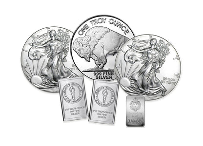 Example 250-dollar silver Bullion Bundle™ by Altrukom, composed from real bullion photographs. Designs and quantities vary with pricing and availability; images enlarged for detail.