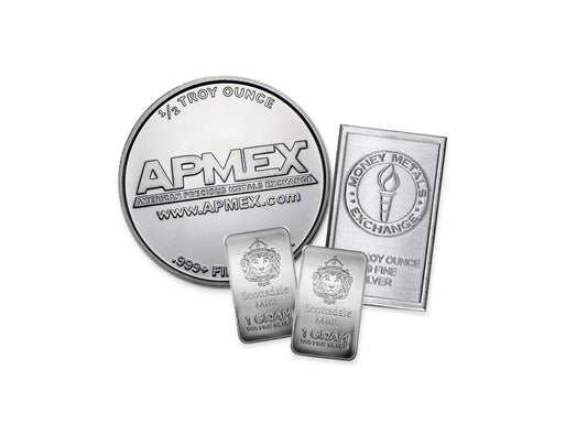 Example 50-dollar silver Bullion Bundle™ by Altrukom, composed from real bullion photographs. Designs and quantities vary with pricing and availability; images enlarged for detail.
