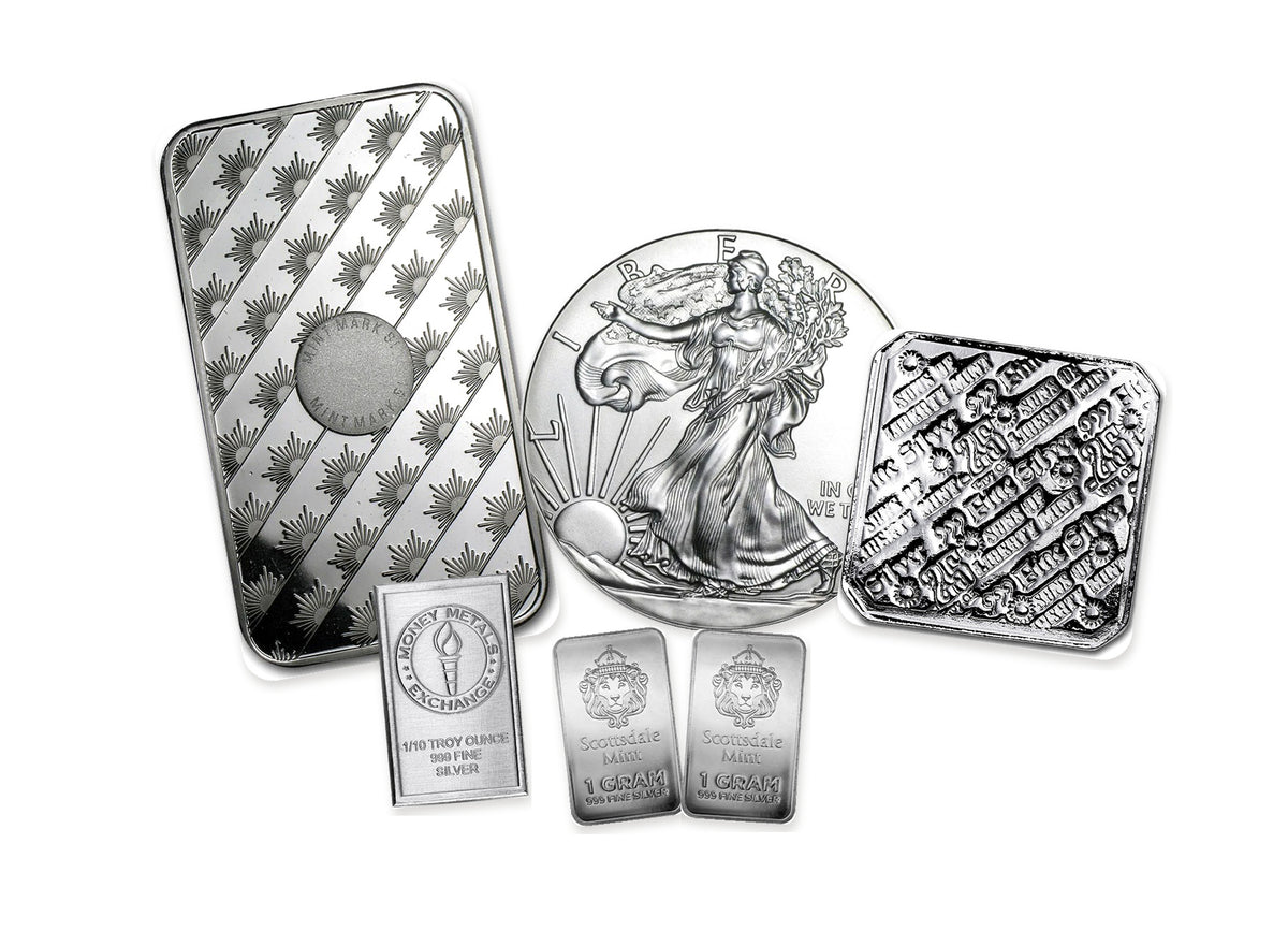 Example 500-dollar silver Bullion Bundle™ by Altrukom, composed from real bullion photographs. Designs and quantities vary with pricing and availability; images enlarged for detail.