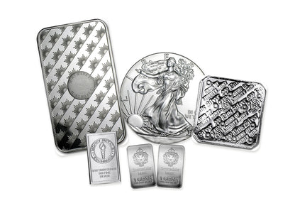 Example 500-dollar silver Bullion Bundle™ by Altrukom, composed from real bullion photographs. Designs and quantities vary with pricing and availability; images enlarged for detail.